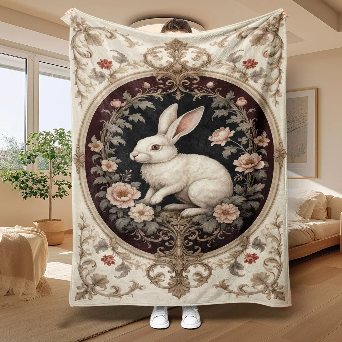 Large Rabbit Floral Bunny Throw Blanket Cottagecore Victorian Tapestry Accent Decor 150x200cm Chunky Winter Blanket