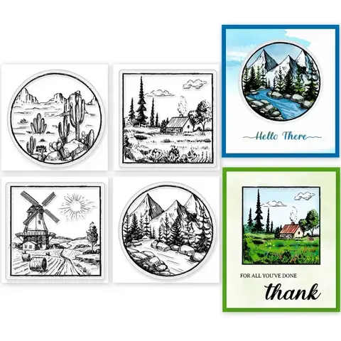 4Pcs Mini Mountain Landscape Clear Stamps for DIY Scrapbooking Mini Forest Trees River Silicone Clear Stamp Seals Transparent