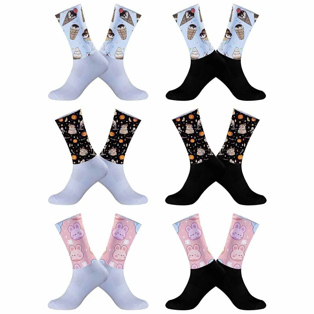 Non-Slip Seamless Silicone Running Sports Road Bike Socks 2024 New Ice cream bunny Striped Cycling Socks Christmas socks