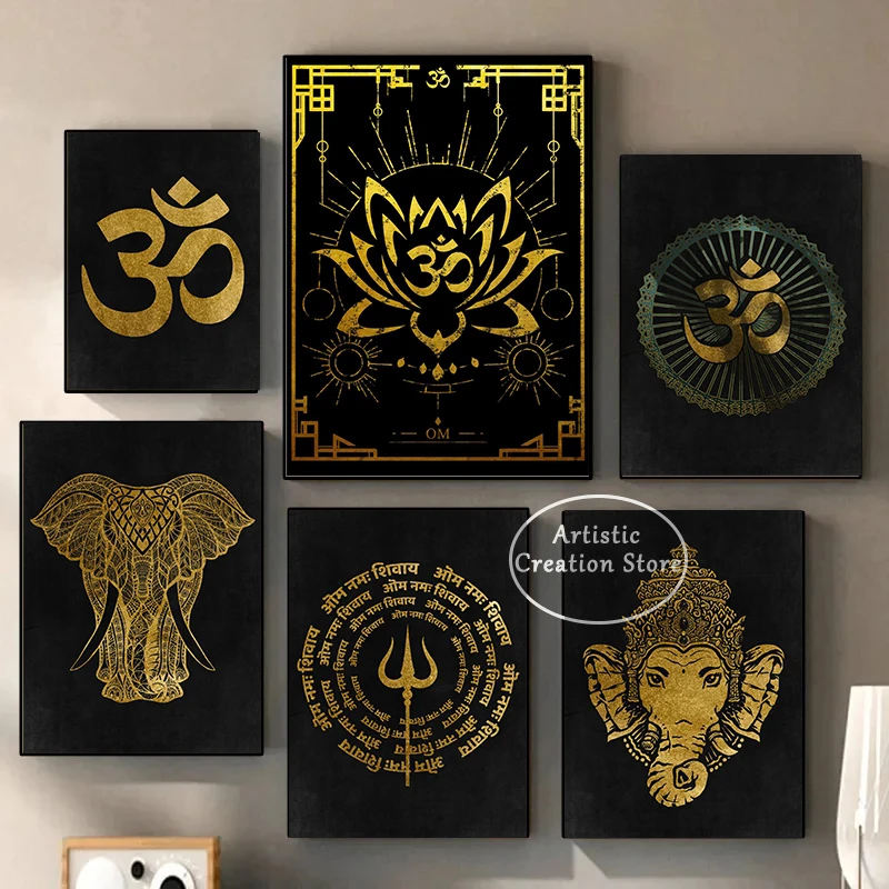 Golden Om Hindu Symbol Ganesha Poster Indian God Prints Canvas Painting Wall Picture Living Room Bedroom Minimalist Room Decor