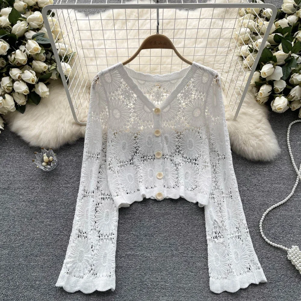 Women Crochet Floral Cardigans Sheer Open Knitted Top Casual Blouse Summer Boho Vacation Outfit