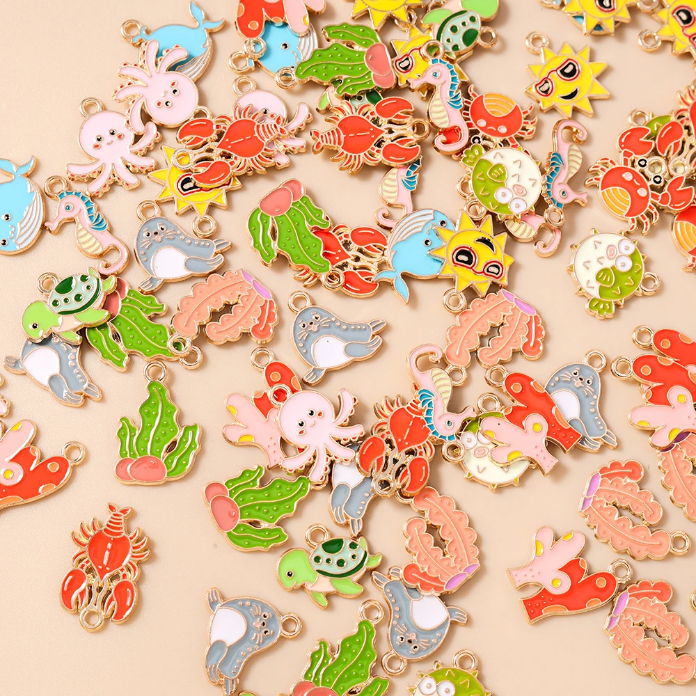 

Leslie 10Pcs Enamel Coral Turtle Whale Lobster Crab Charms for DIY Jewelry Making Accessories Handmade Earring Necklace Pendants