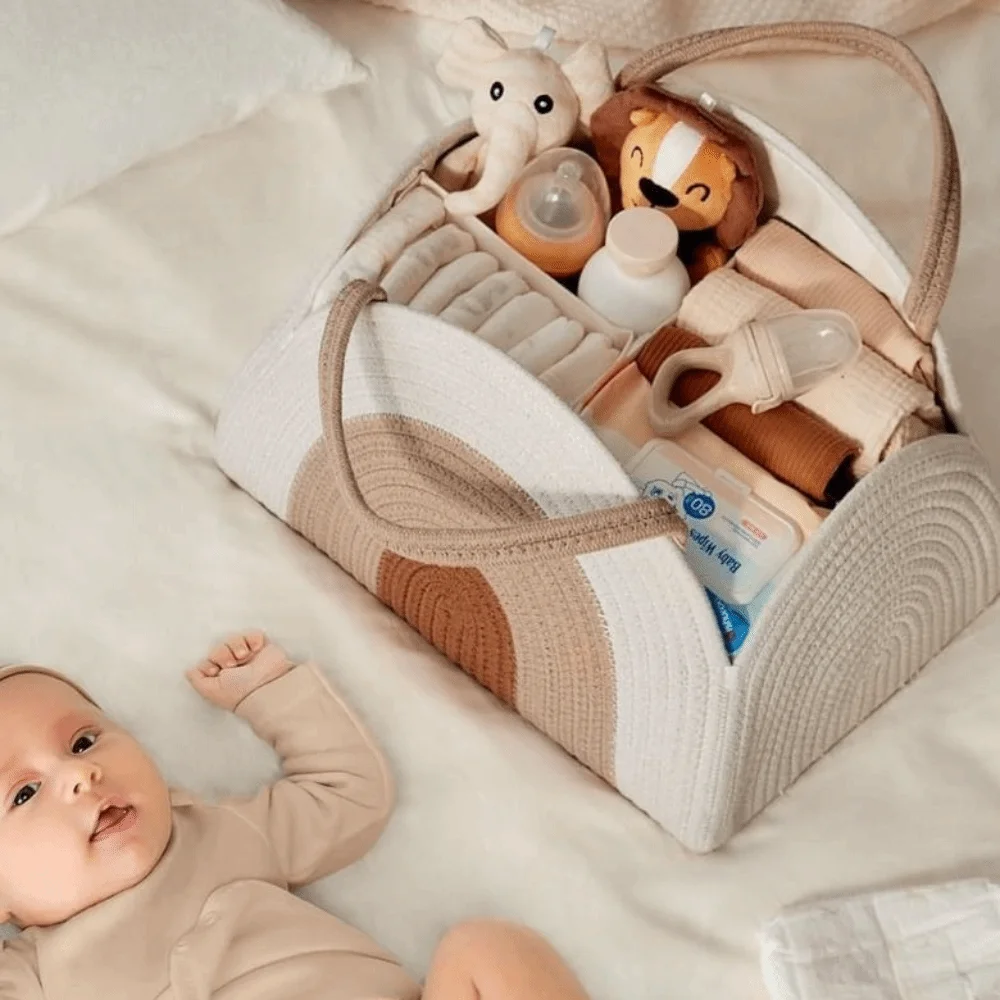 Multifunctional Baby Diaper Bag with Handle Folding Woven Basket Cotton Rope Large Capacity Mommy Handbag Travel Tote