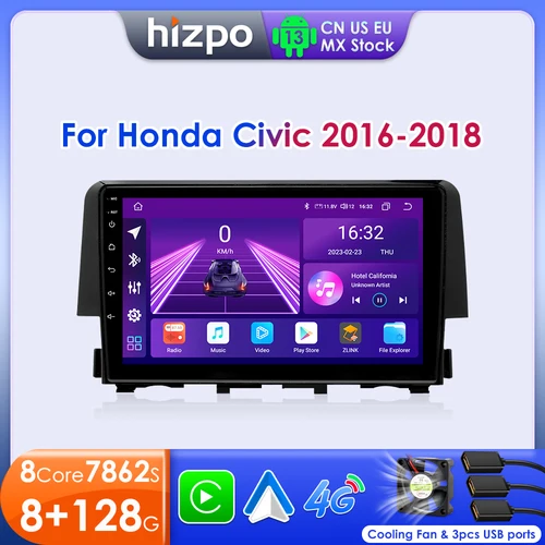 Hizpo-カーマルチメディアプレーヤー,ビデオプレーヤー,ステレオ,GPS付き,Android 13,Carplay,ヘッドユニット,Bluetooth,ラジオ,ホンダシビック10th, 2016, 2017, 2018, 2019