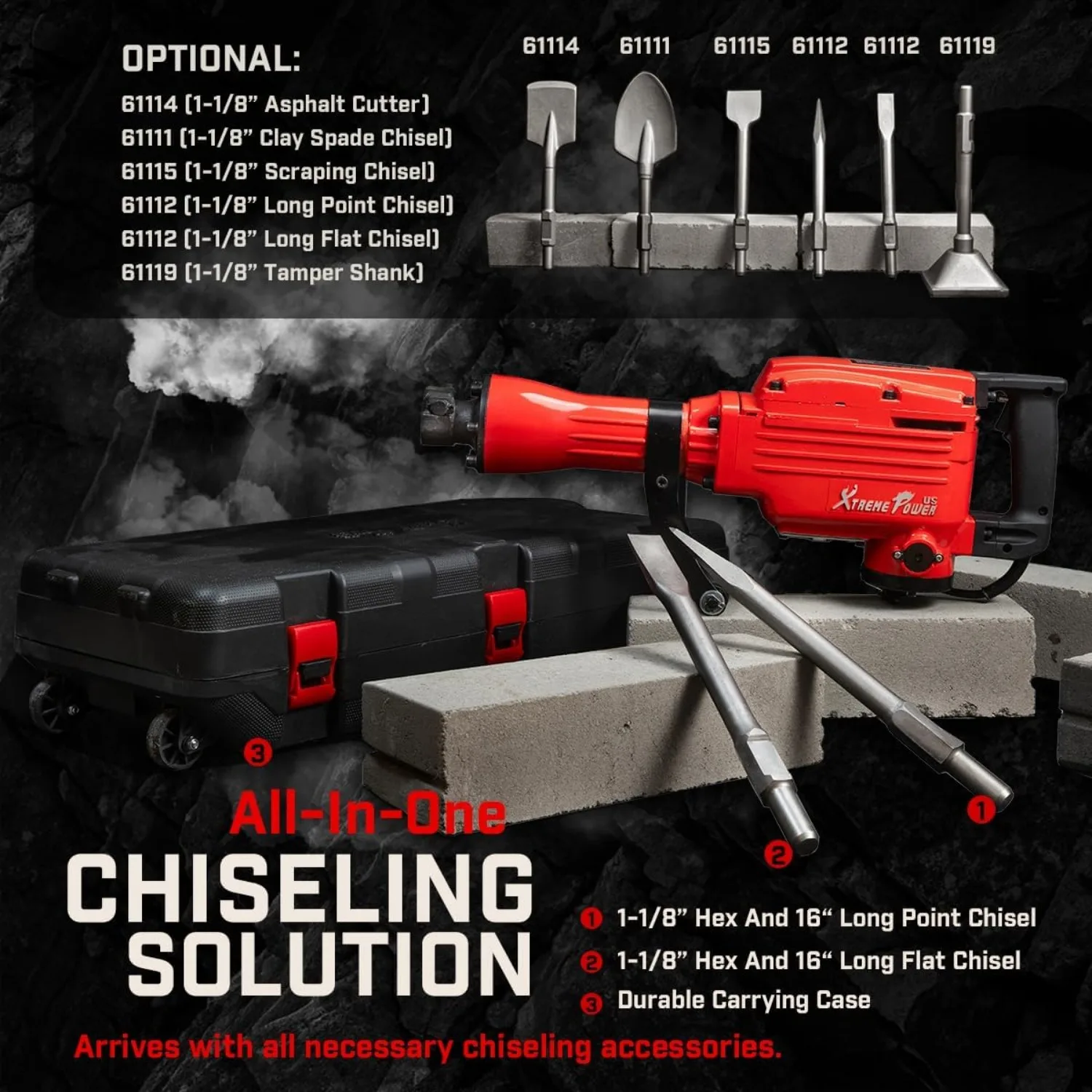 2200W Demolition Electric Jack Hammer Power Drill Concrete Breaker Bar Point & Chisel Bits Chisel Set