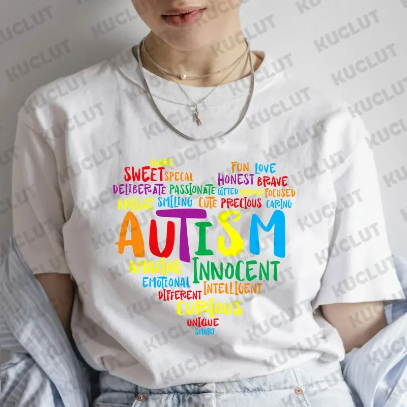 Autism Awareness Heart Print Y2k Graphic T-Shirt Women Clothes Short Sleeve Tees Female Clothing Tops Harajuku Oversized Tshirt