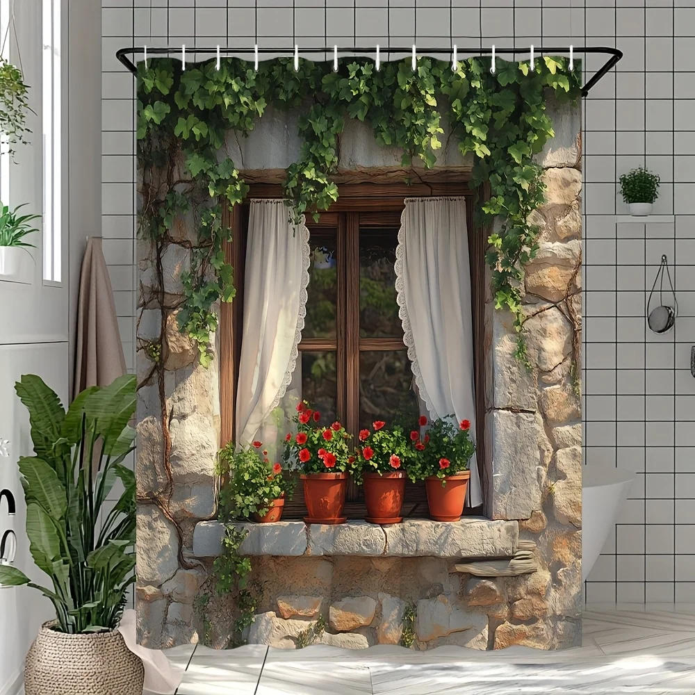 Bring Nature Indoors with this Waterproof Shower Curtain Featuring a Rustic Window Scene for Aesthetic Appeal