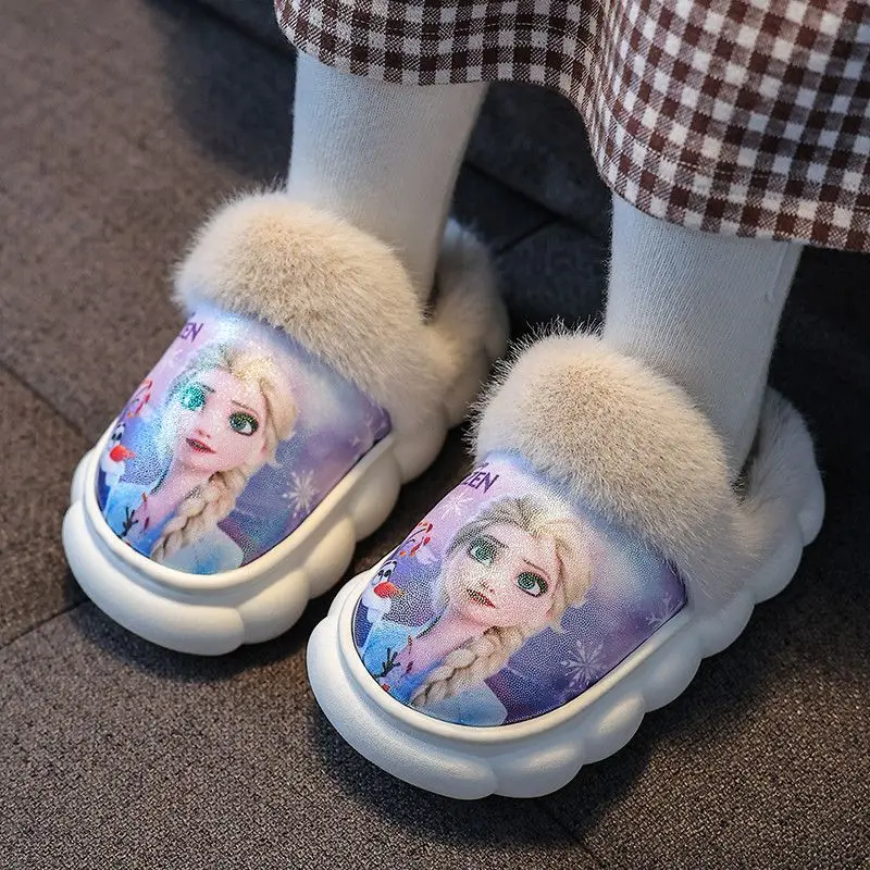 Disney Children's Cotton Slippers Frozen Princess Elsa Winter Girl Baby Anti slip Warm Home Floor Slippers Blue Fur Shoes Size 2