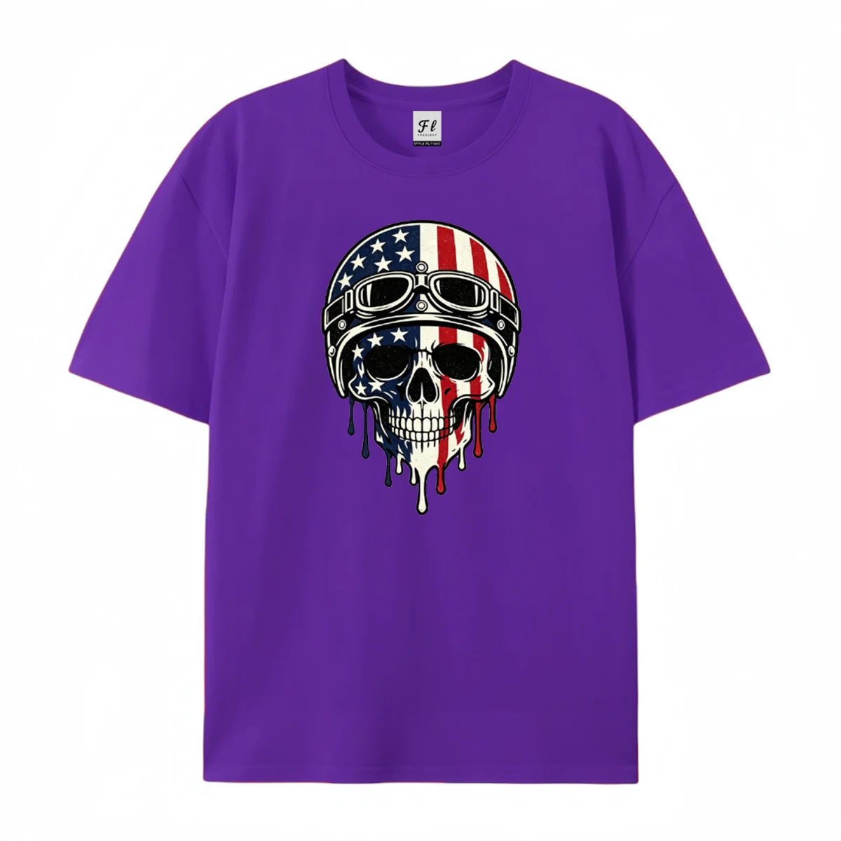 Men Women Casual Short Sleeve T‑Shirt Retro Patriotic Biker Skull American Flag Helmet Drip Art Graphic Print O Neck Daily Wear