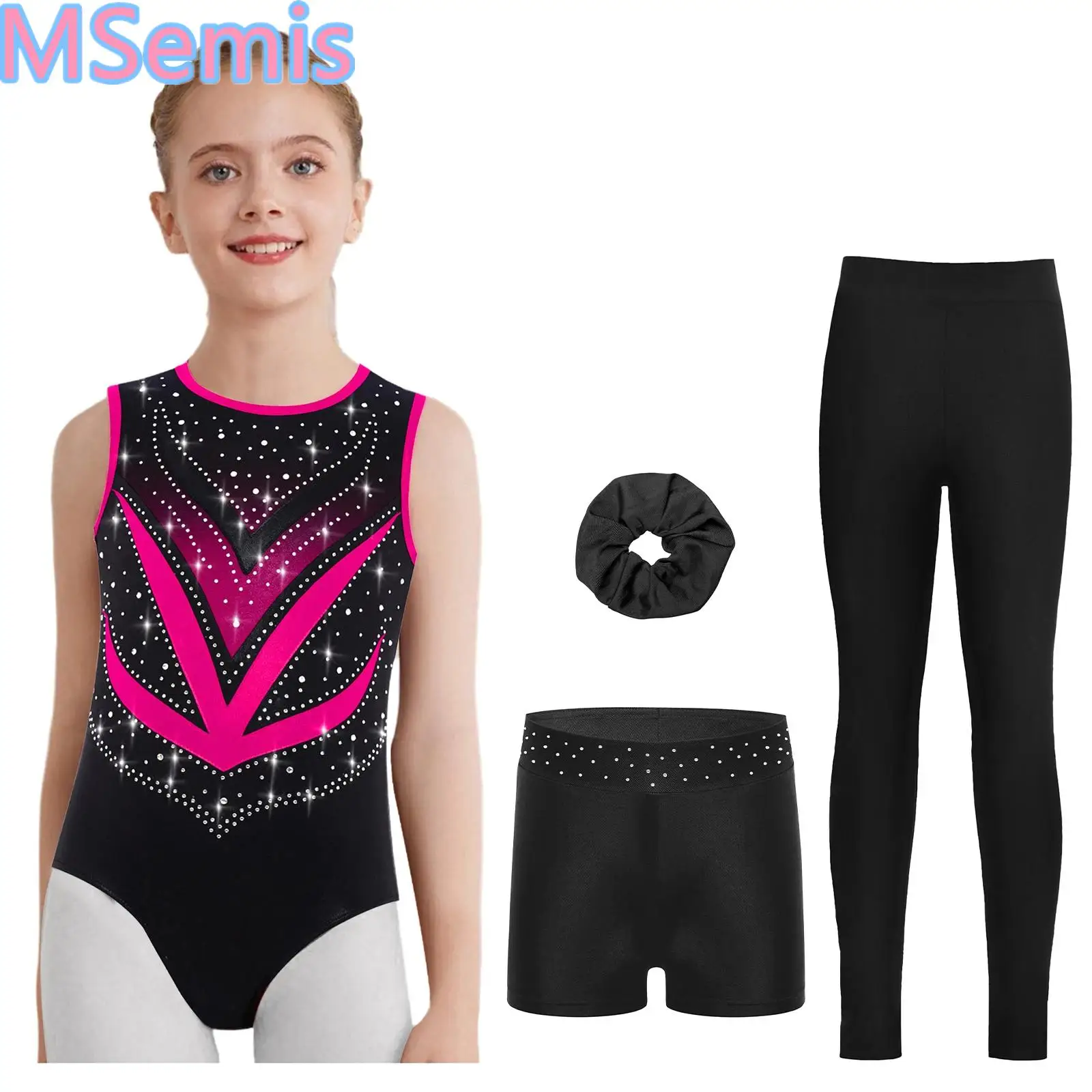 

Kids Girls Gymnastics Dance Outfit Sleeveless Patchwork Metallic Leotard with Elastic Waistband Shorts Leggings And Hairband