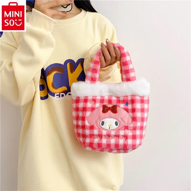 

MINISO Sanrio Cartoon Kuromi Plush Women's New Checkered Autumn/Winter Crowd Design Handbag