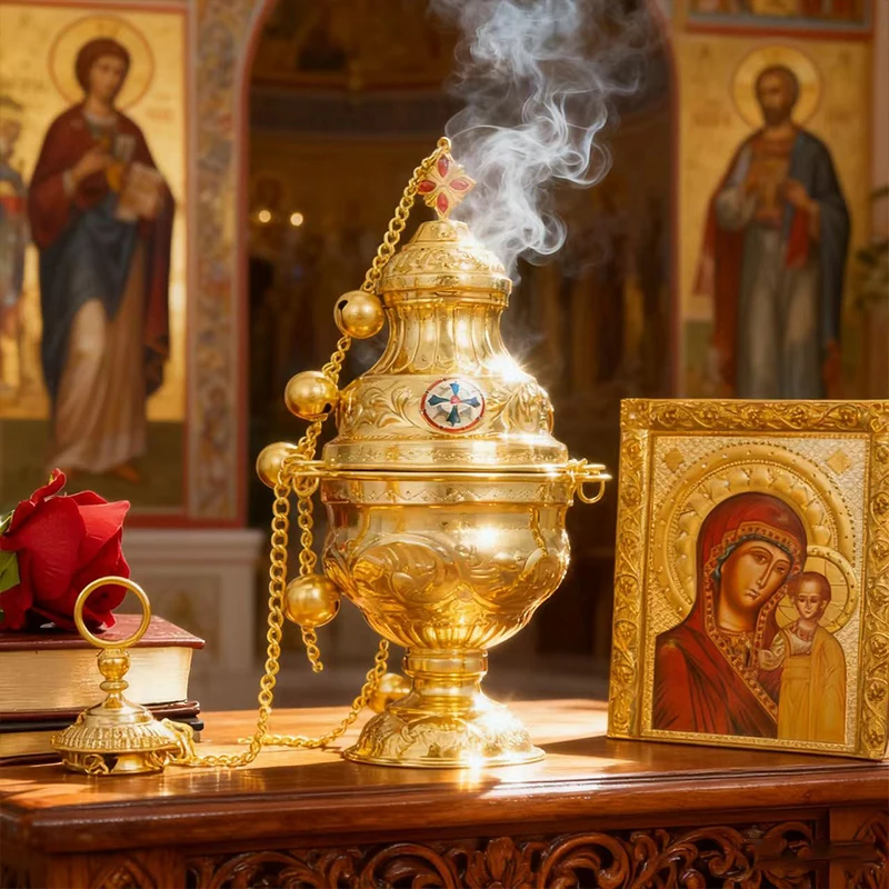 Neuer orthodoxer Weihrauchbrenner mit Kette und Glocken aus vergoldeter Zinklegierung, für Kirchenzeremonien, mit traditionellem Design, Geschenk. – Detail 8