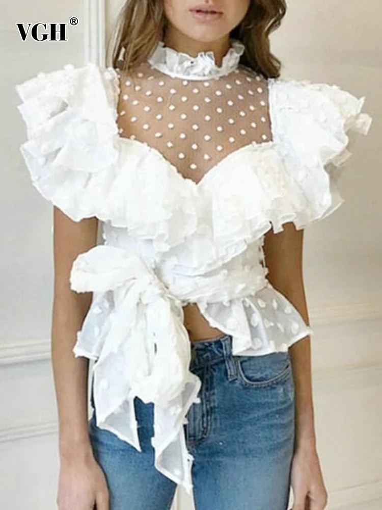 

VGH Ruffles Minimalist Shirts For Women Stand Collar Sleeveless Backless Patchwork Zipper Temperament Blouse Female Fashion New