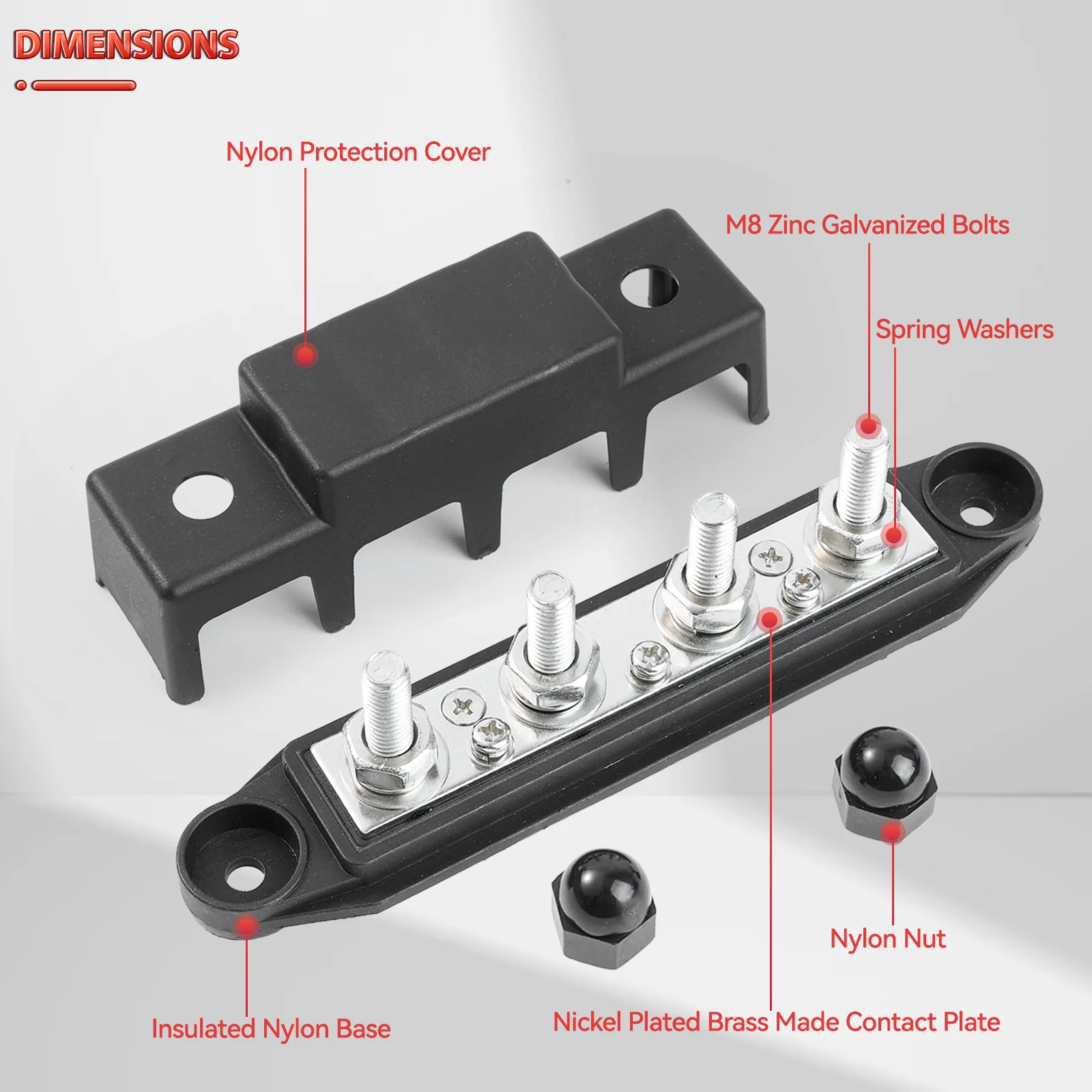 12V Power Distribution Block 250A Bus Bar Terminal Block with Cover M8 4 Way 5/16