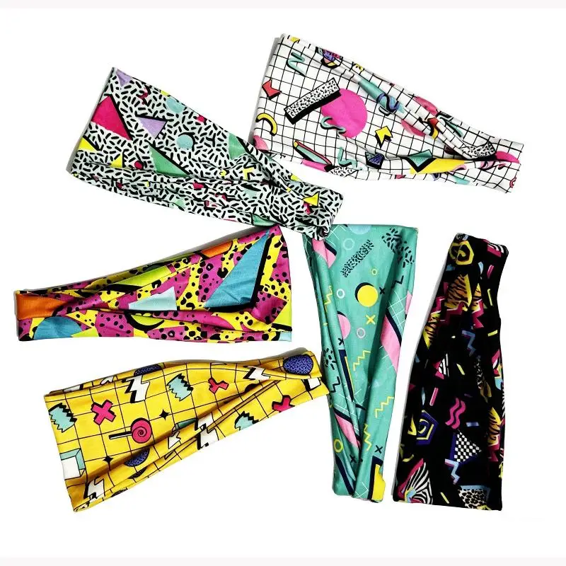 Stirnband mit geometrischem Druck, breites, rutschfestes, elastisches Haarband im Retro-Stil für Damen – Detail 5