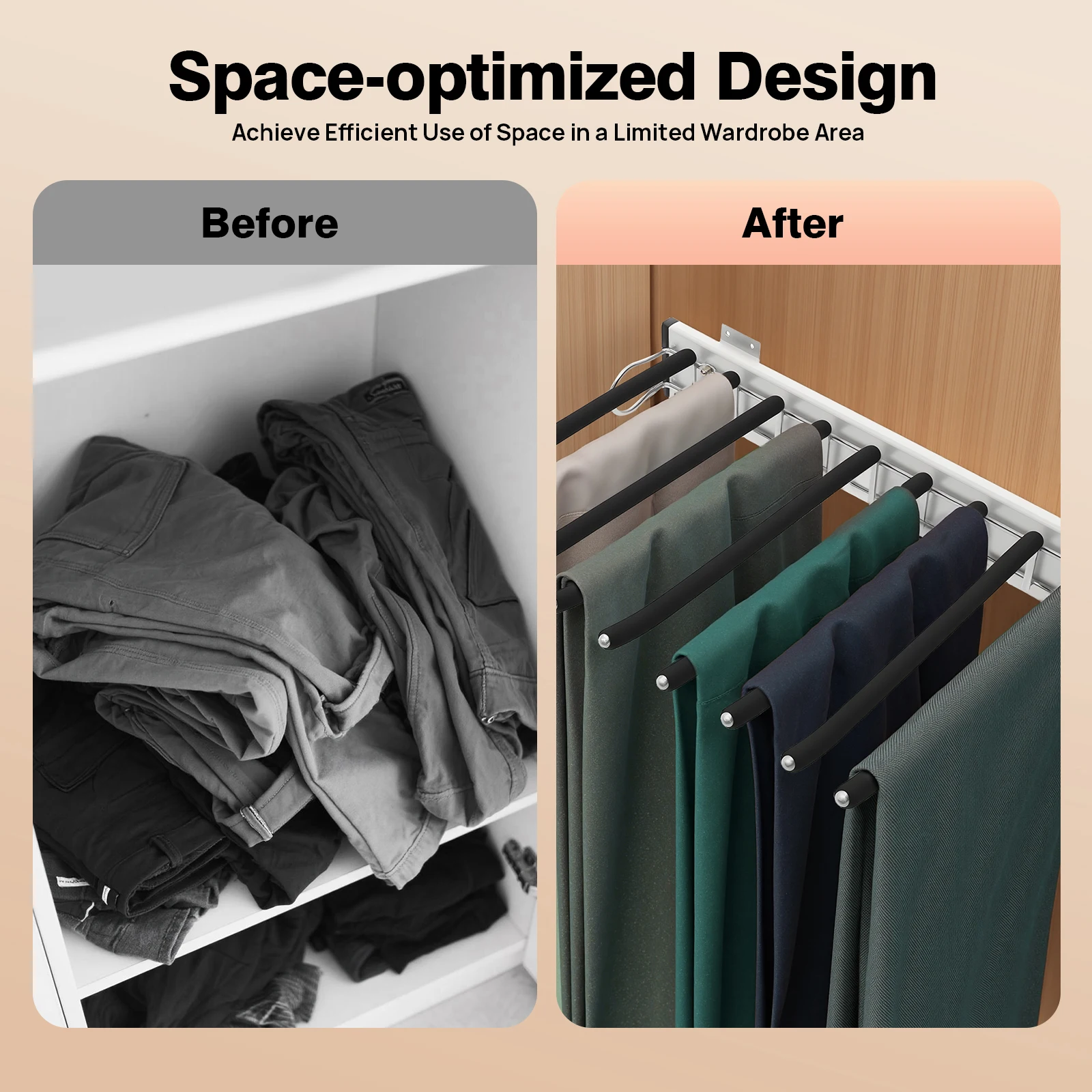 Pull out Trousers Rack, Sliding Pants Rack, 9-Rod Side Mounted Trouser Hanger Save Wardrobe Space Closet Storage