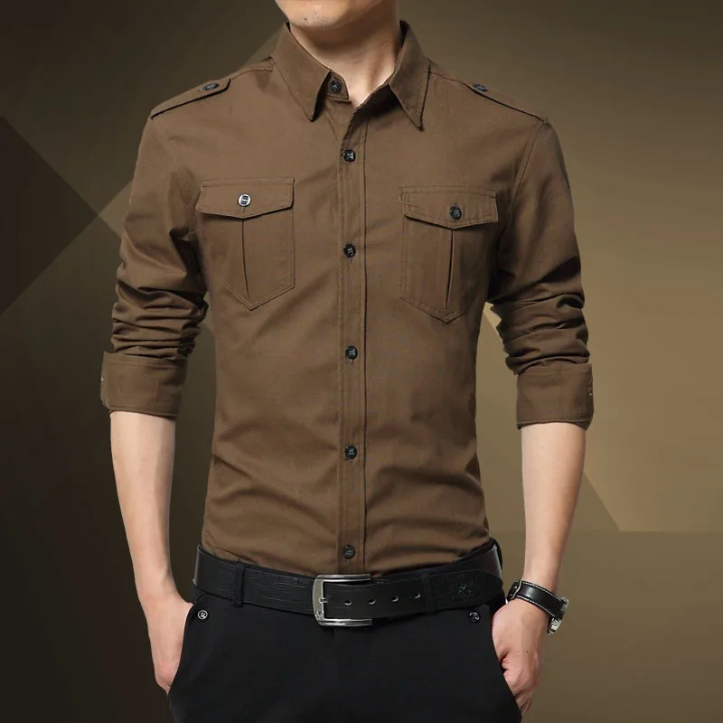 

Military Style Men's Shirt Solid Color Slim Fit Dual Pockets Retro Lapel Long Sleeve Tops Casual Versatile Simple Fashion Blouse