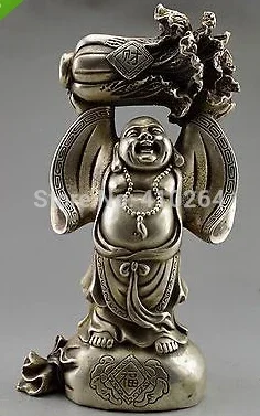 

Collectible Decorated Old Tibet Silver Carved Buddha Held Cabbage Bless Statue