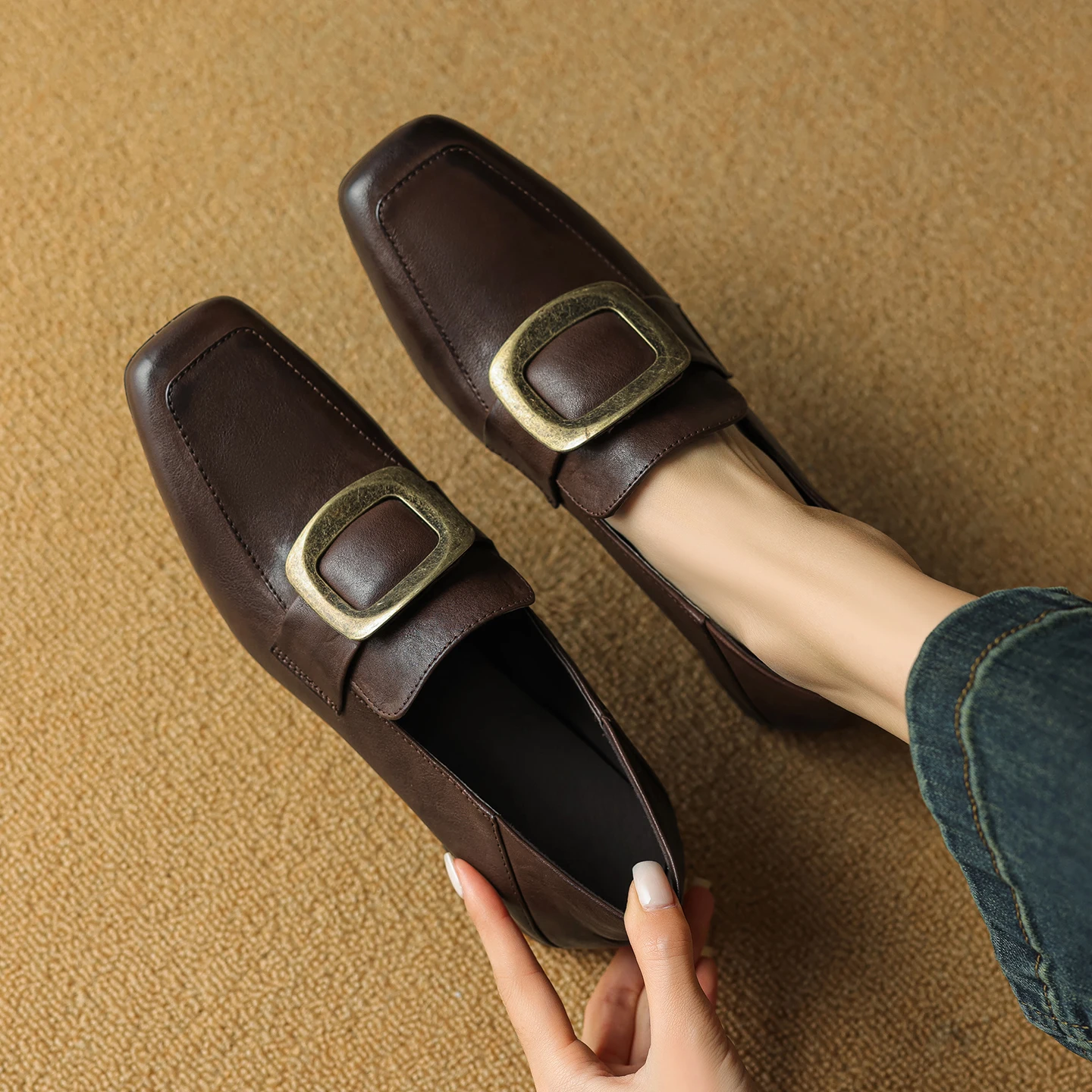 

Handmade Commuter Pumps Women Genuine Leather Square Toe Metal Buckle Chunky Heel Slip On Office Shoes