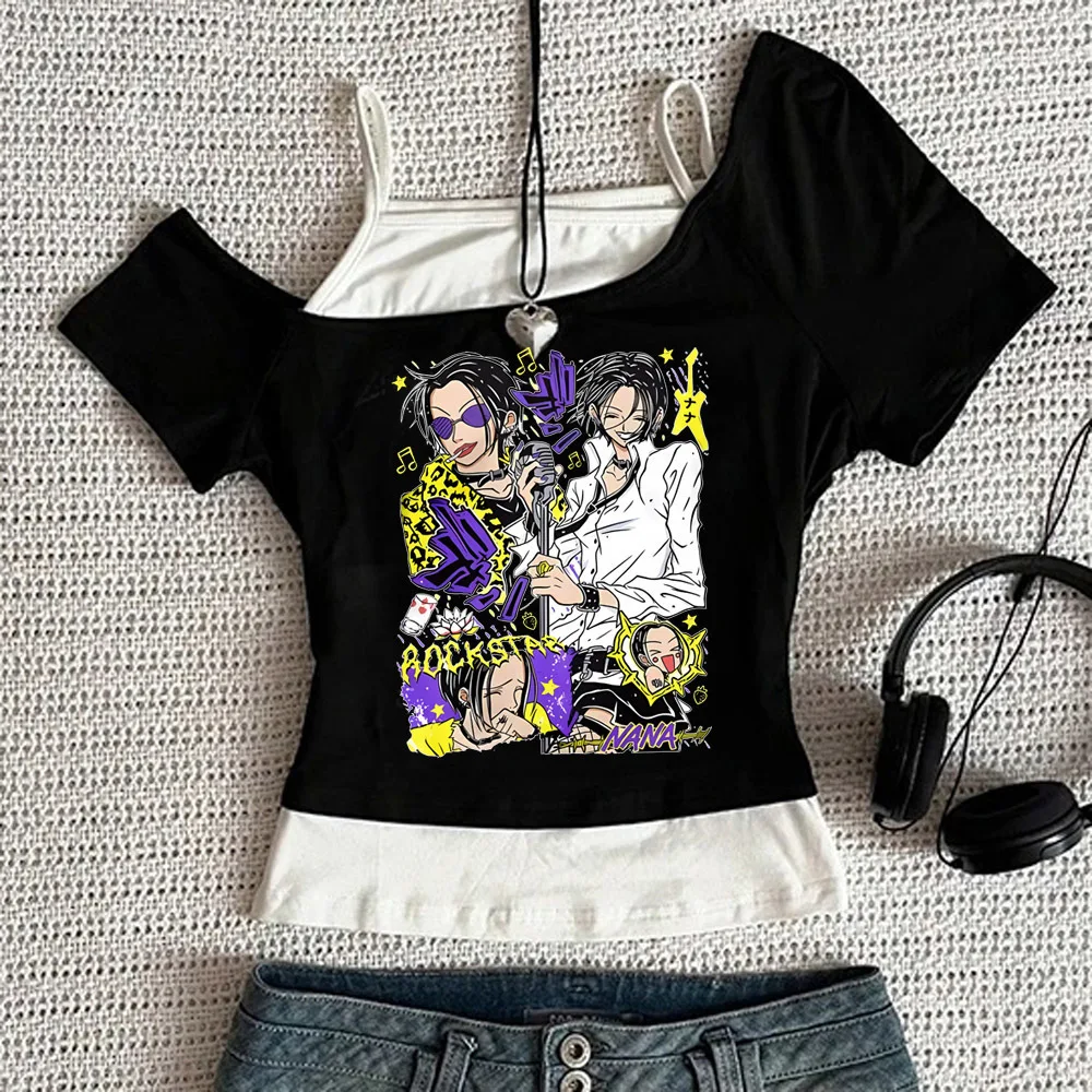 Black Stones Nana Osaki crop top female goth graphic manga japan party shirt japanese emo manga gyaru vintage view 3