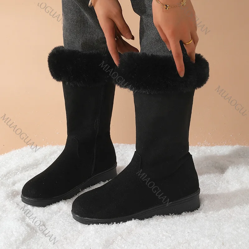 Botas De Nieve De Invierno Para Mujer, Media Pantorrilla, Peludas Y Cálidas, Con Cremallera Lateral, Gamuza Informal_voghion.com