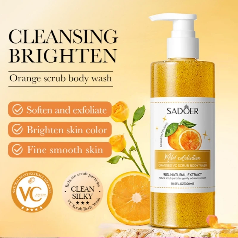 

300ml Orange Body Scrub Shower Gel, Cleansing Body Shower Gel, Contains Fresh Orange Extract, Citrate Salts and Other Skin Care Ingredients, Fine Scrub Particles Deeply Cleanse Skin Dirt and Dead Skin Cells, Hydrate and Moisturize the Skin, Brighten Skin 