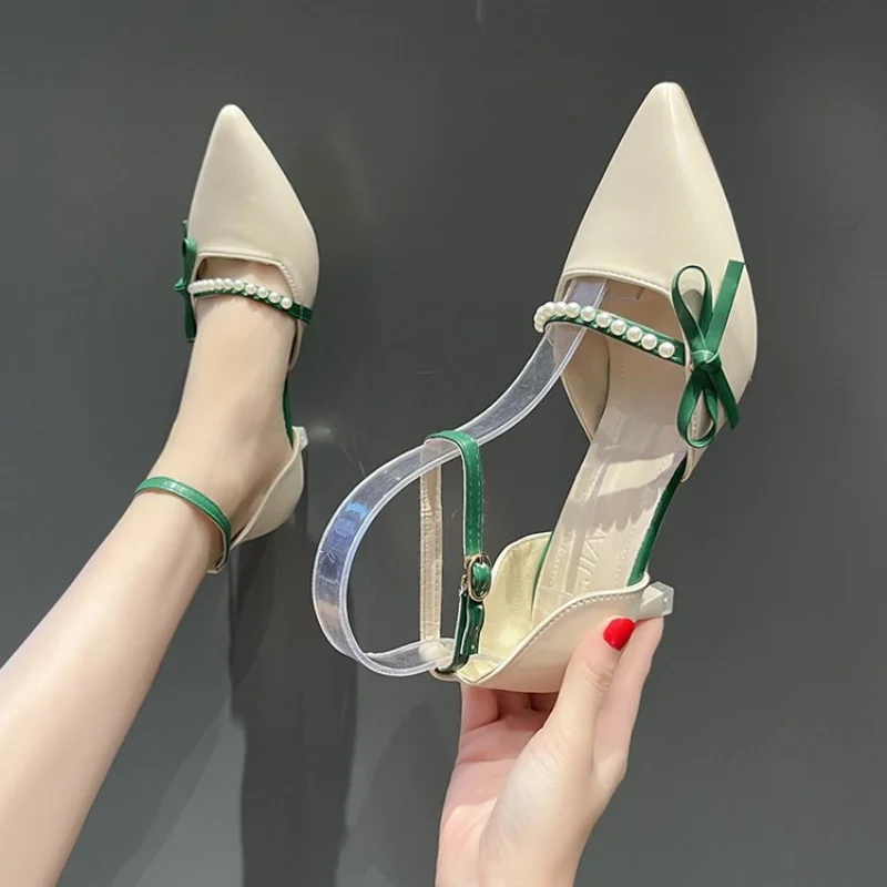 

2024 Autumn New Sandals Women's Fairy Style Pointed Single Shoes Thin Heels Lady Shallow Beaded High Heel Bowknot Hollow Pumps