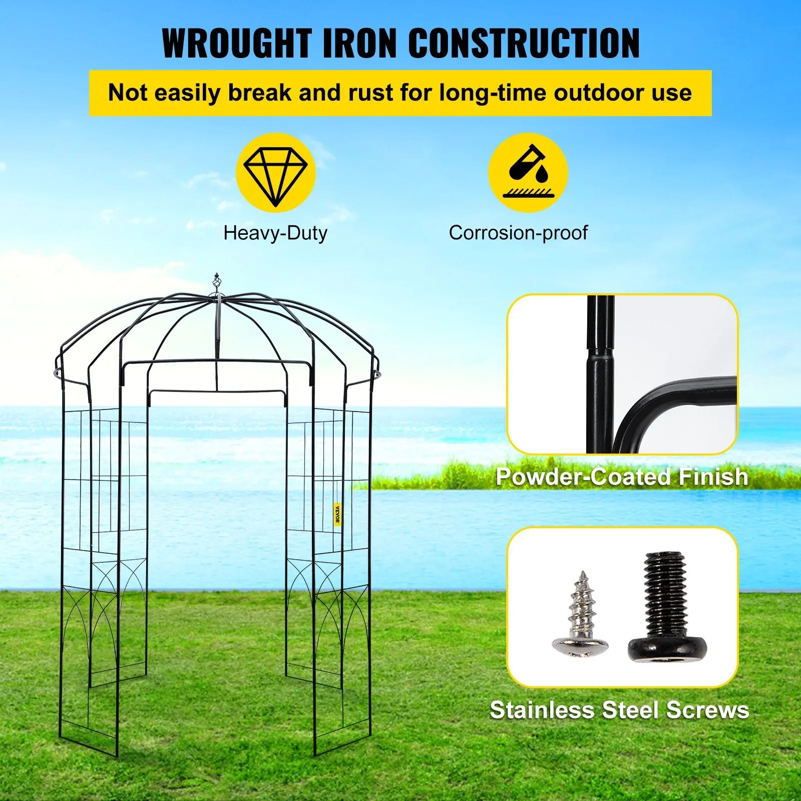 Birdcage Shape Garden Arbor, Backyard, Patio, Black 9' High x 6.6' Wide, Heavy Duty Wrought Iron Arbor,