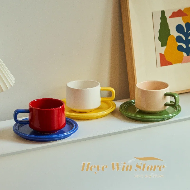 

Saucer Set Ceramic Mug for Family Tea Cup Set and Mugs Drinkware Korean Contrast Color Coffee Cup