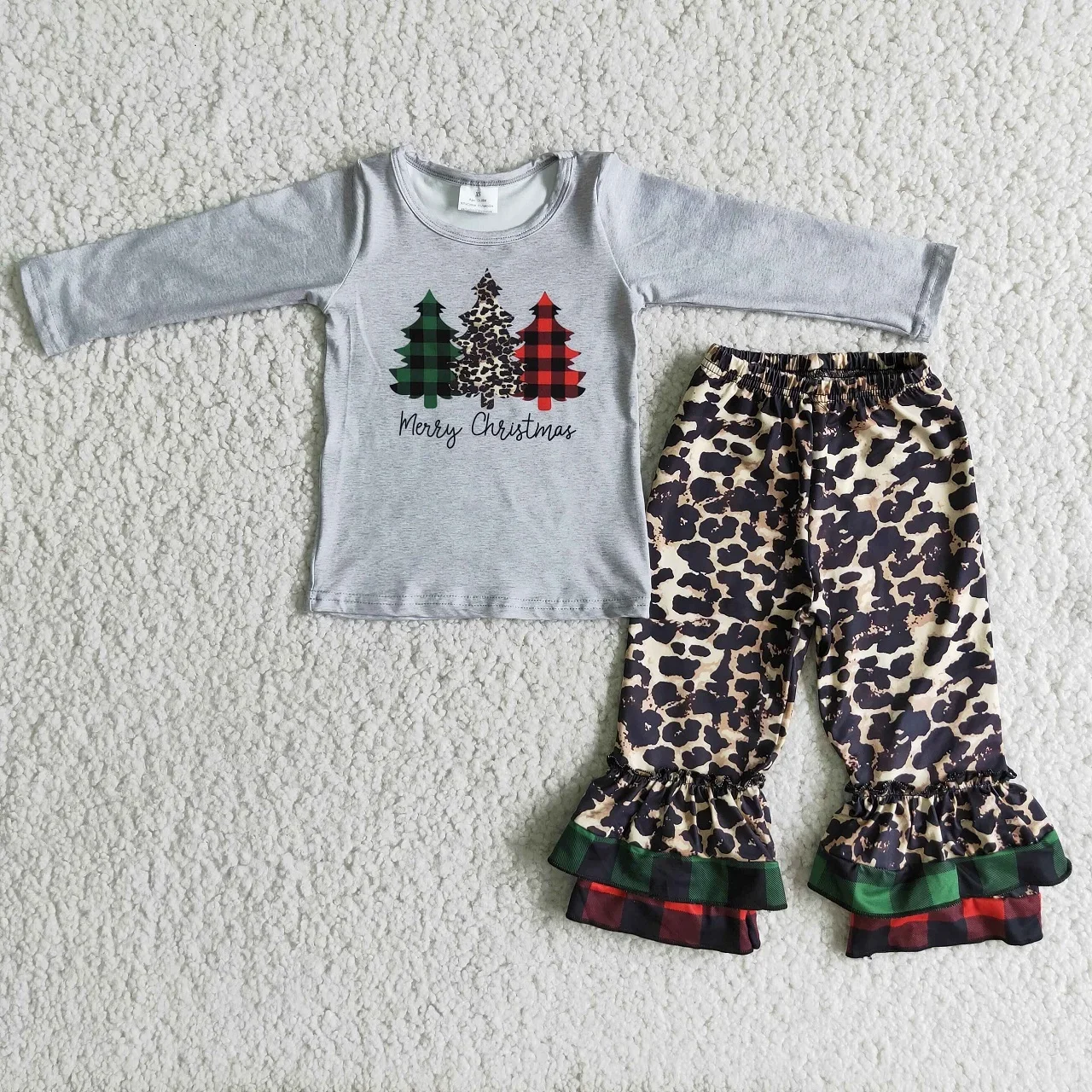 

Kids Girls Autumn Outfit Sets Long Sleeves Christmas Three Trees Gray Print With Trousers Children Clothes
