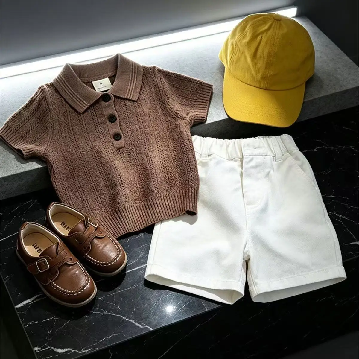 

Boys Summer Set Outfit New Style Children Brown Hollow Polo Neck Short Sleeve Knitted Shirt Casual Shorts 2-Piece Set