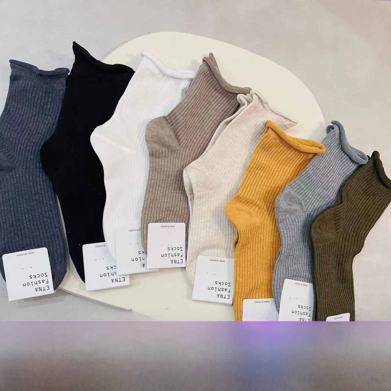 Calcetines ETNA para mujer, de color simple, con rayas verticales, con puño, boca holgada, cómodos, de algodón, informales, hasta la pantorrilla