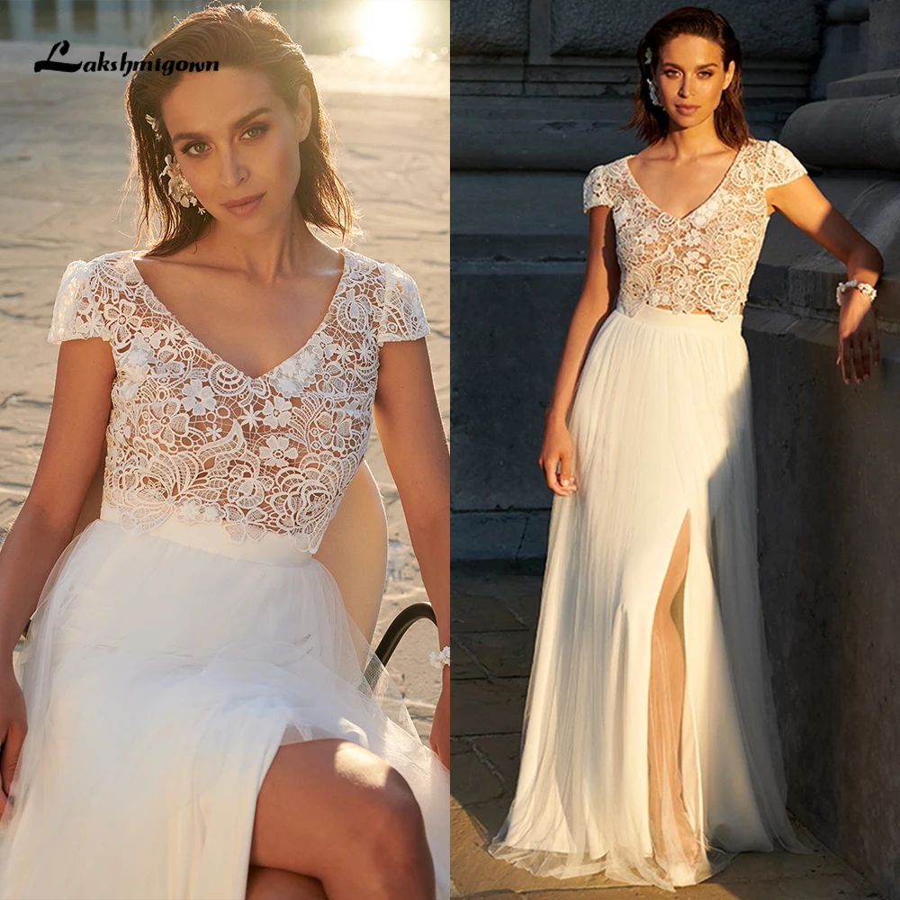 Yanshmigown-Robe de mariée trapèze personnalisée pour femme, haut en dentelle fendue sur le côté, mancherons courts, filet sexy, robe éducative pour les patients