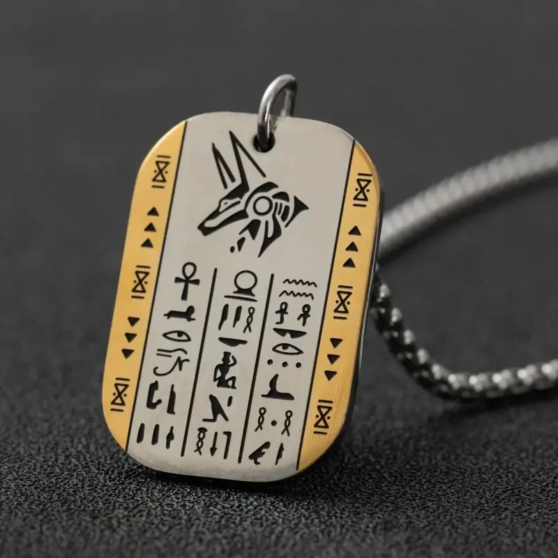 Ancient Egyptian Anubis Horus Rune Dog Tag Pendant for Men Stainless Steel Necklace Pharaoh Amulet Punk Jewelry Gift