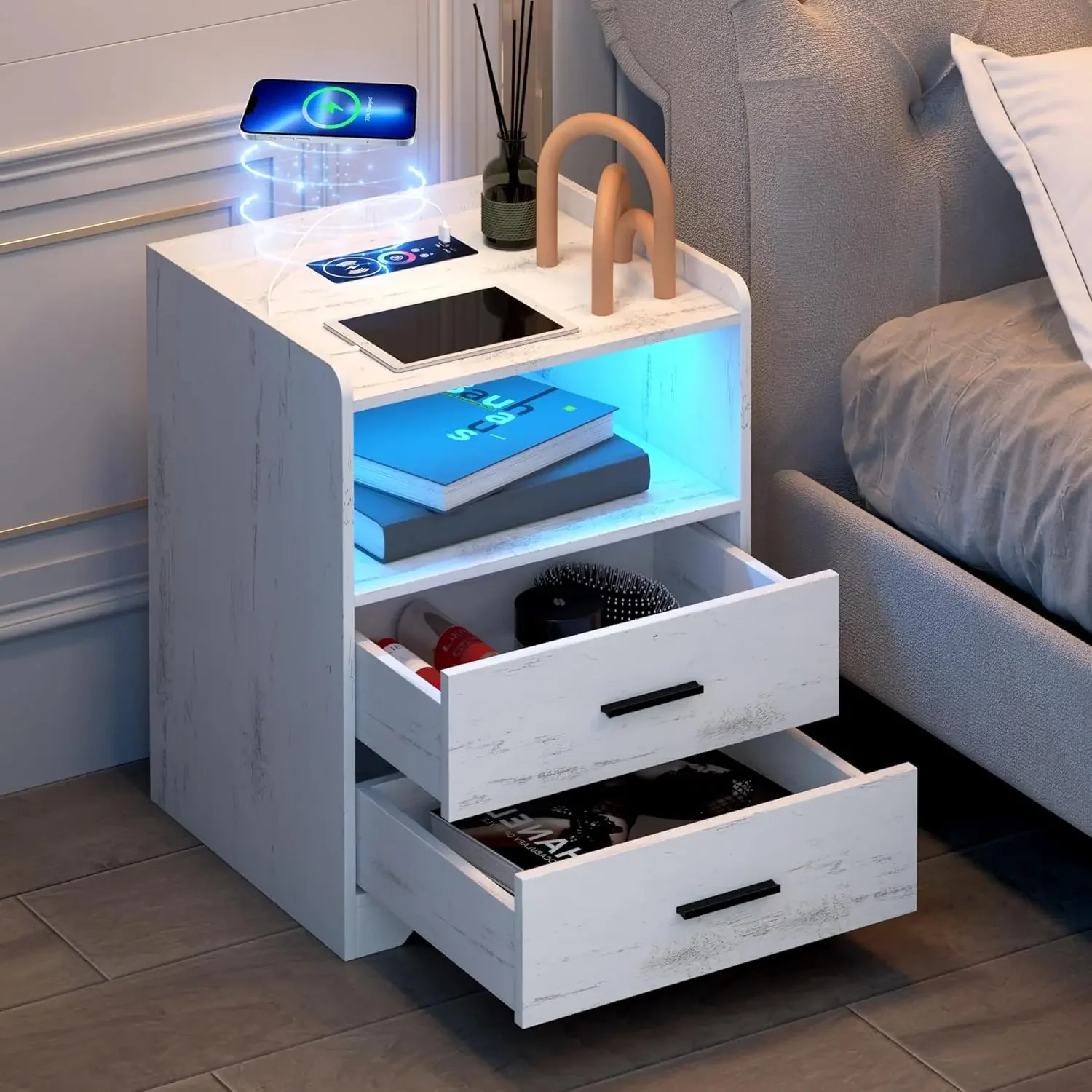 LED Nightstand with Wired/Wireless Charging Station, Night Stand with 24-Color RGB Lights, Modern Side Table, Smart Nightstands