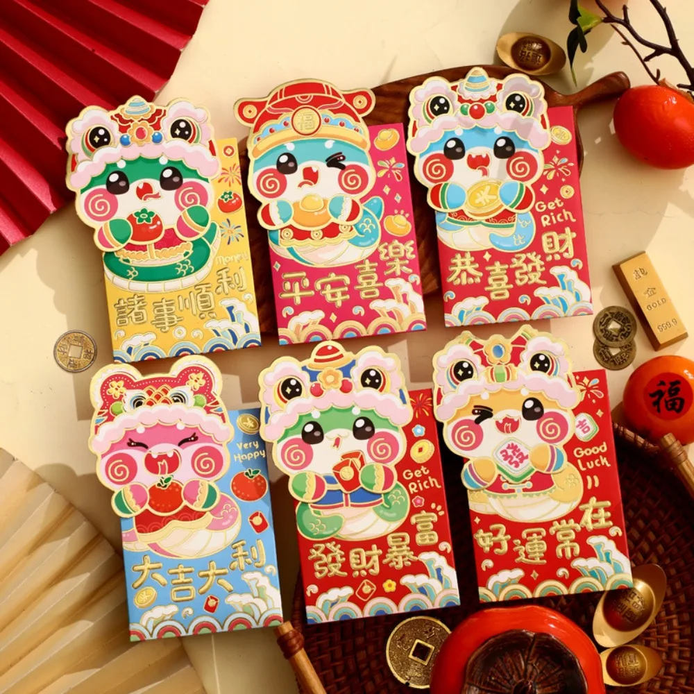 6pcs Personalized Gilded Cartoon Snake Red Envelope 3D Solid Red Packet Mixed Pattern Paper Lucky Money Bag Kids