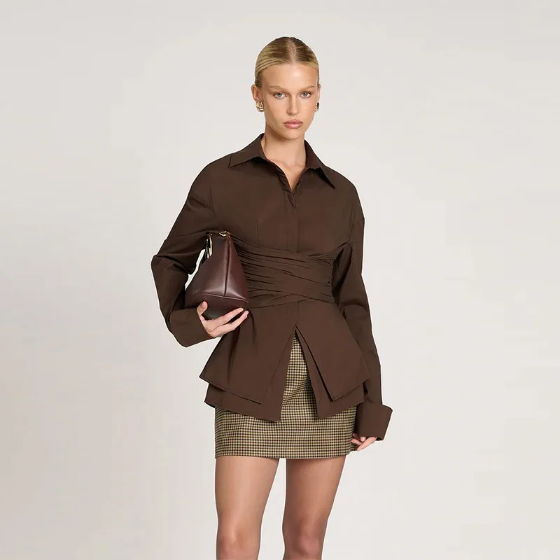 

Хлопковые рубашки, элегантные однобортные рубашки с отложным воротником и длинными рукавами, тонкая офисная блузка на шнуровке, женские однотонные повседневные уличные топы