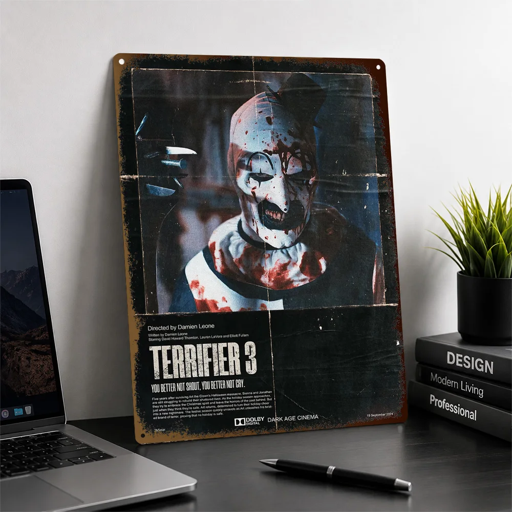 Terrifier 3 Killer Clown Printed Poster Customized Aluminum Metal Sign Bold Macabre Screen Scene Wall Art Made For Fright Fans