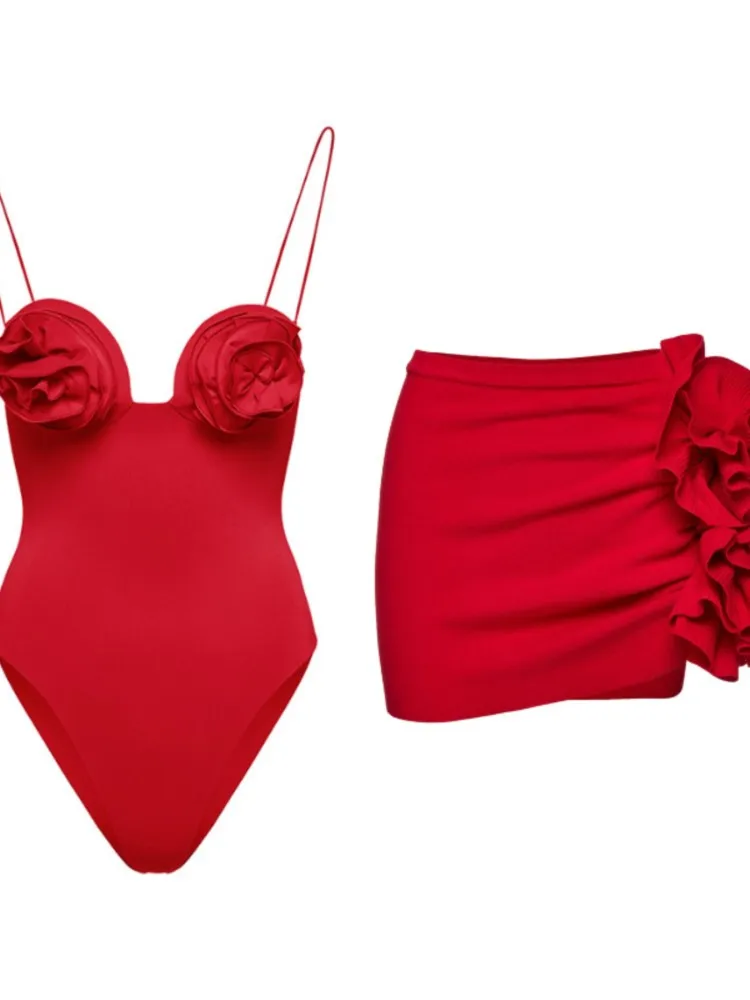 Vintage Color Red Solid Color One-Piece Swimsuit Set Sexy Lingerie For Women Beach Dress Elegance Luxury Slim Fit