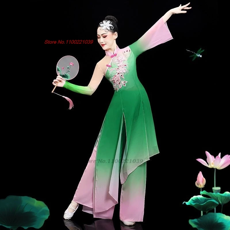 2025 chinese vintage folk dance costume flower embroidery mesh qipao dress+pants set traditional stage performance dance dress