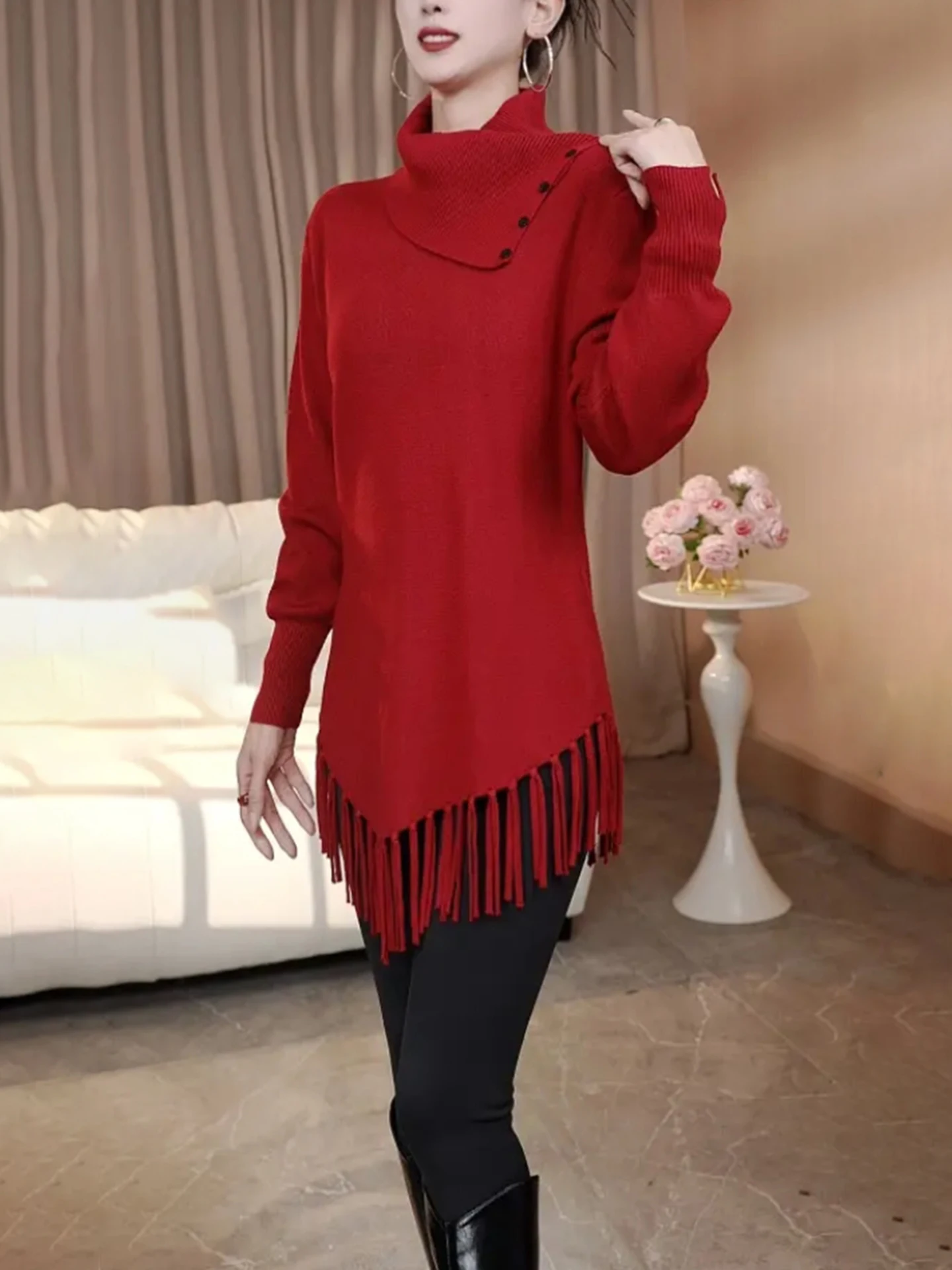 

Ele Knitted Sweater Women's Autumn Winter Faion Tassel Hem Button f High Ne Cover Belly Trendy Knitwear