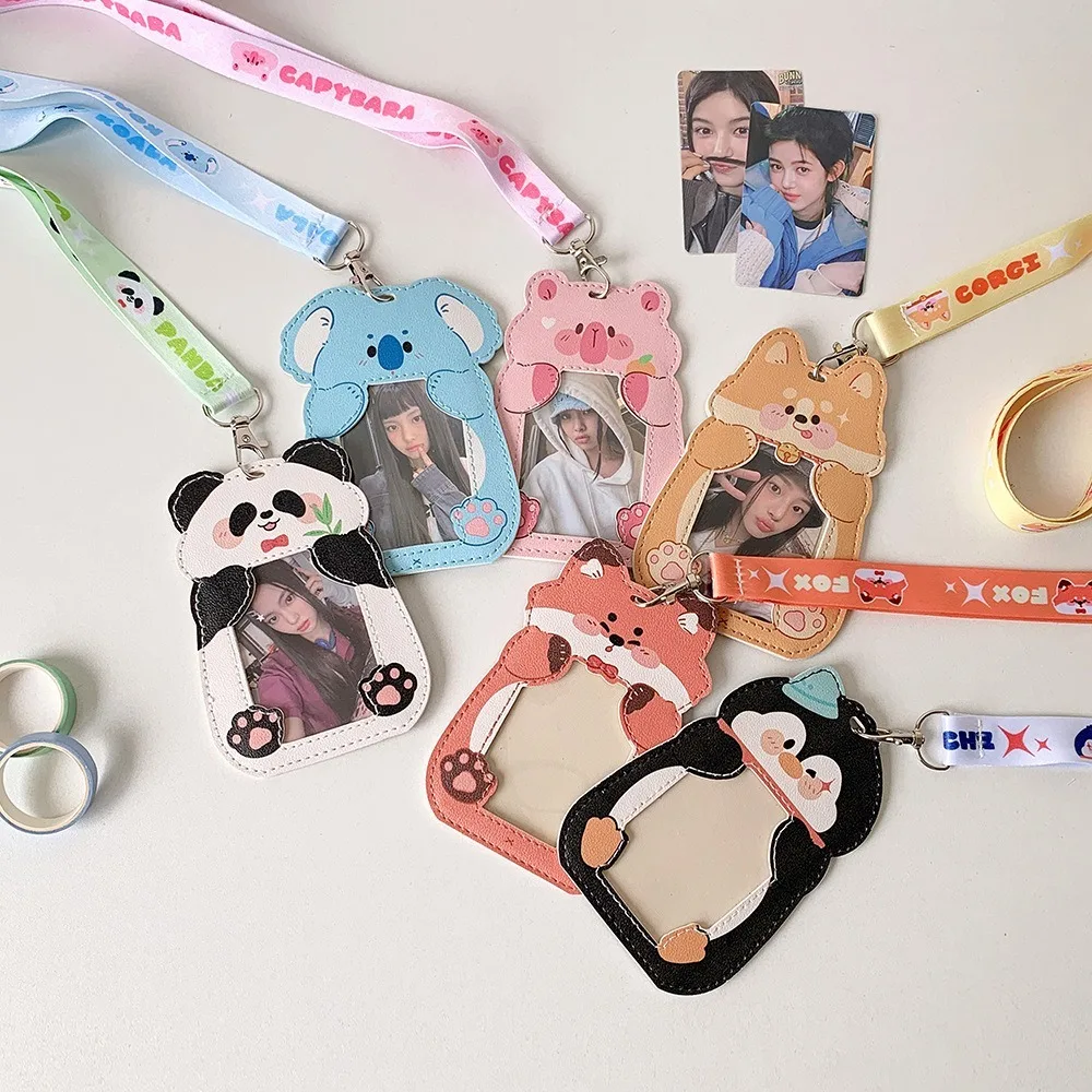 Porta carte di animali simpatico cartone animato con cordino Portafoto in pelle PU Porta badge impermeabile Porta documenti