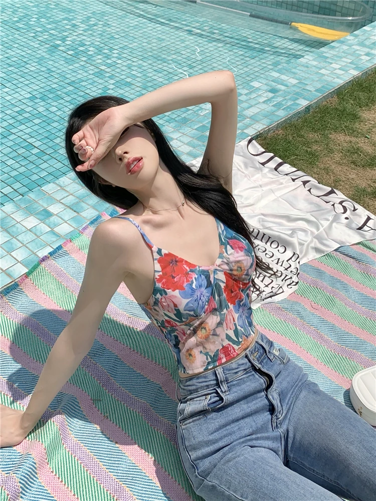 Vintage Fashion Floral Print Camisole Women Summer New Casual Slim Sleeveless Crop Tops Female