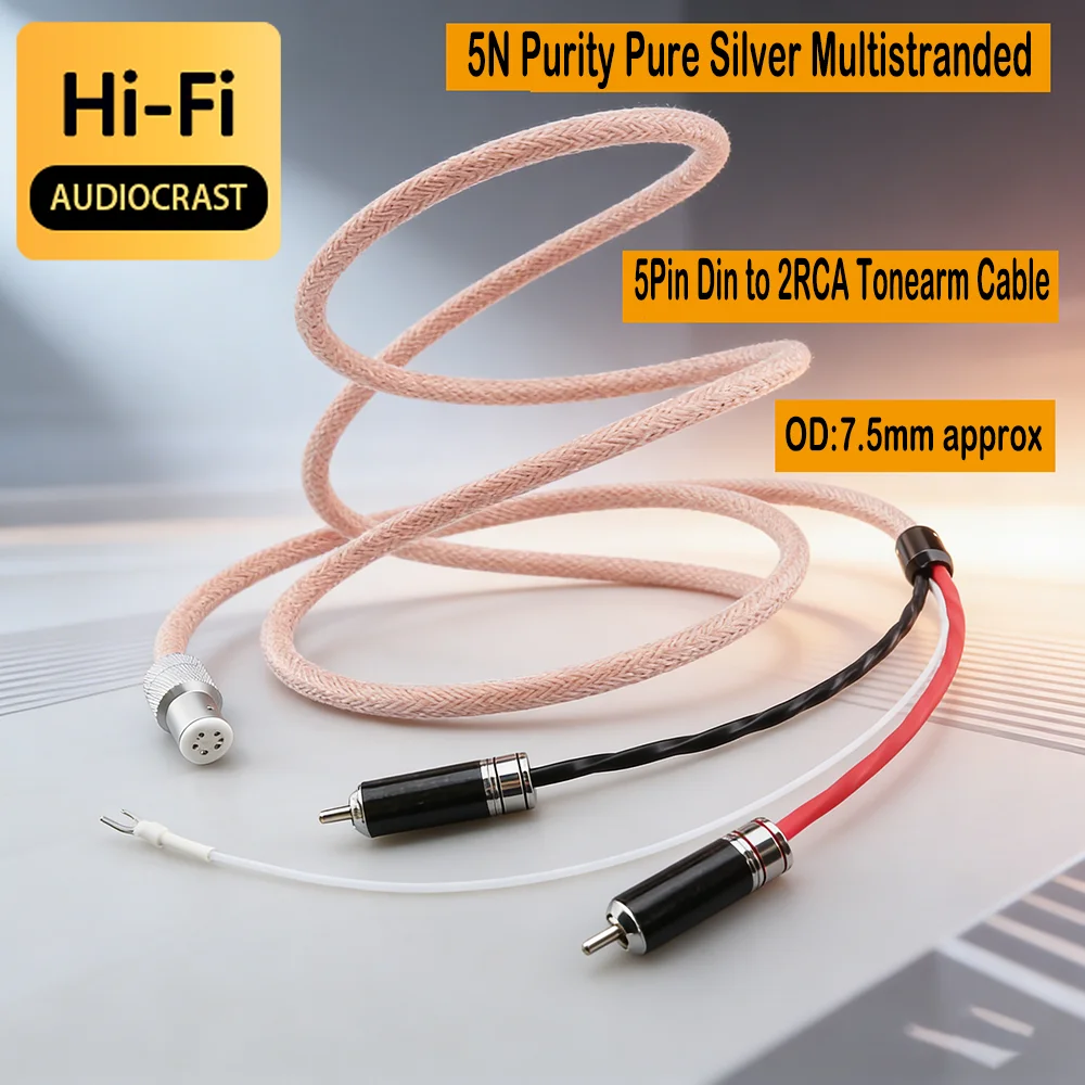 

5Pin DIN to 2 RCA Phono Cable Pure Silver Double Shielding Turntable Tonearm Wire with Ground Cable for Vinyl Record Player