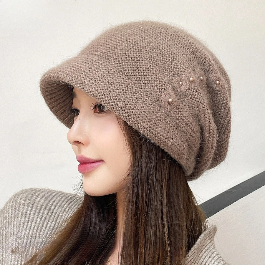 Simple Rabbit Hair Knitted Stacking Hat Twist Texture Pearl Wool Hat Korean Version Trendy Simple Pullover Hat Women