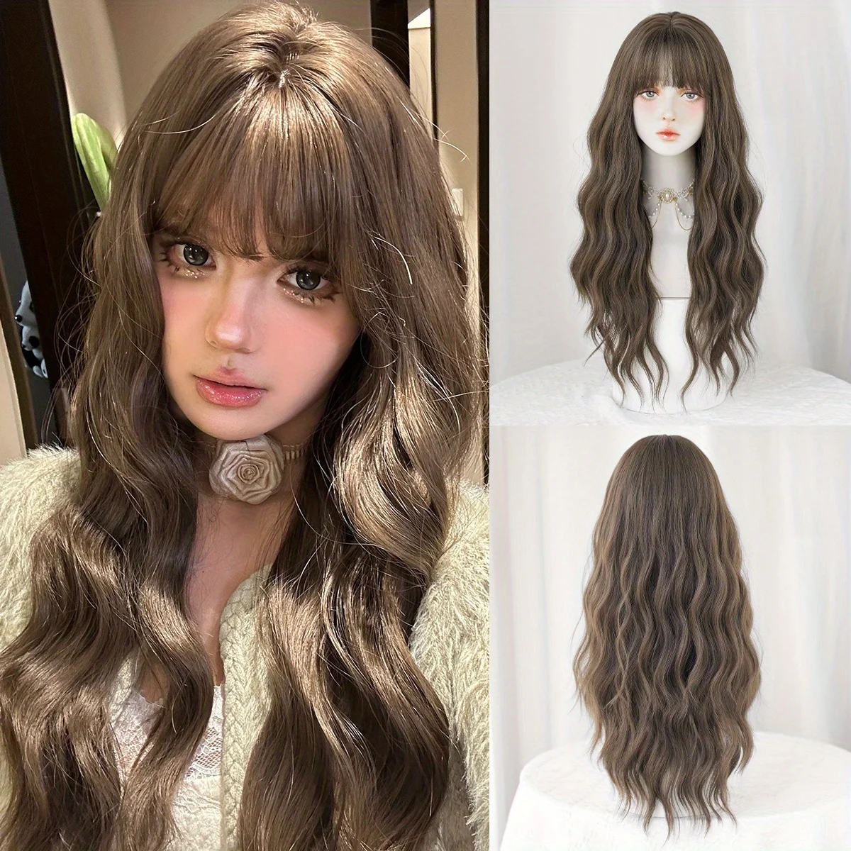 

Модный женский парик с длинными волнистыми прядями и челкой, из синтетических волос, для повседневного использования и для вечеринок