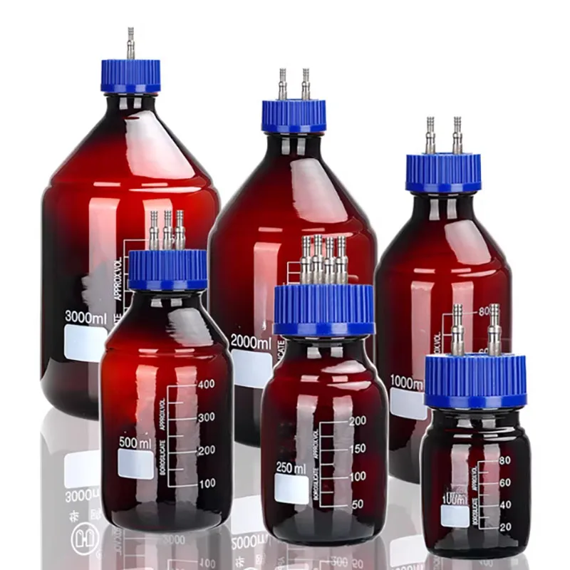 brown-feeding-bottle-fermentation-tank-stainless-steel-lid-1-2-3-4-holes-blue-lid-rehydration-reagent-bottle-waste-liquid-bottle