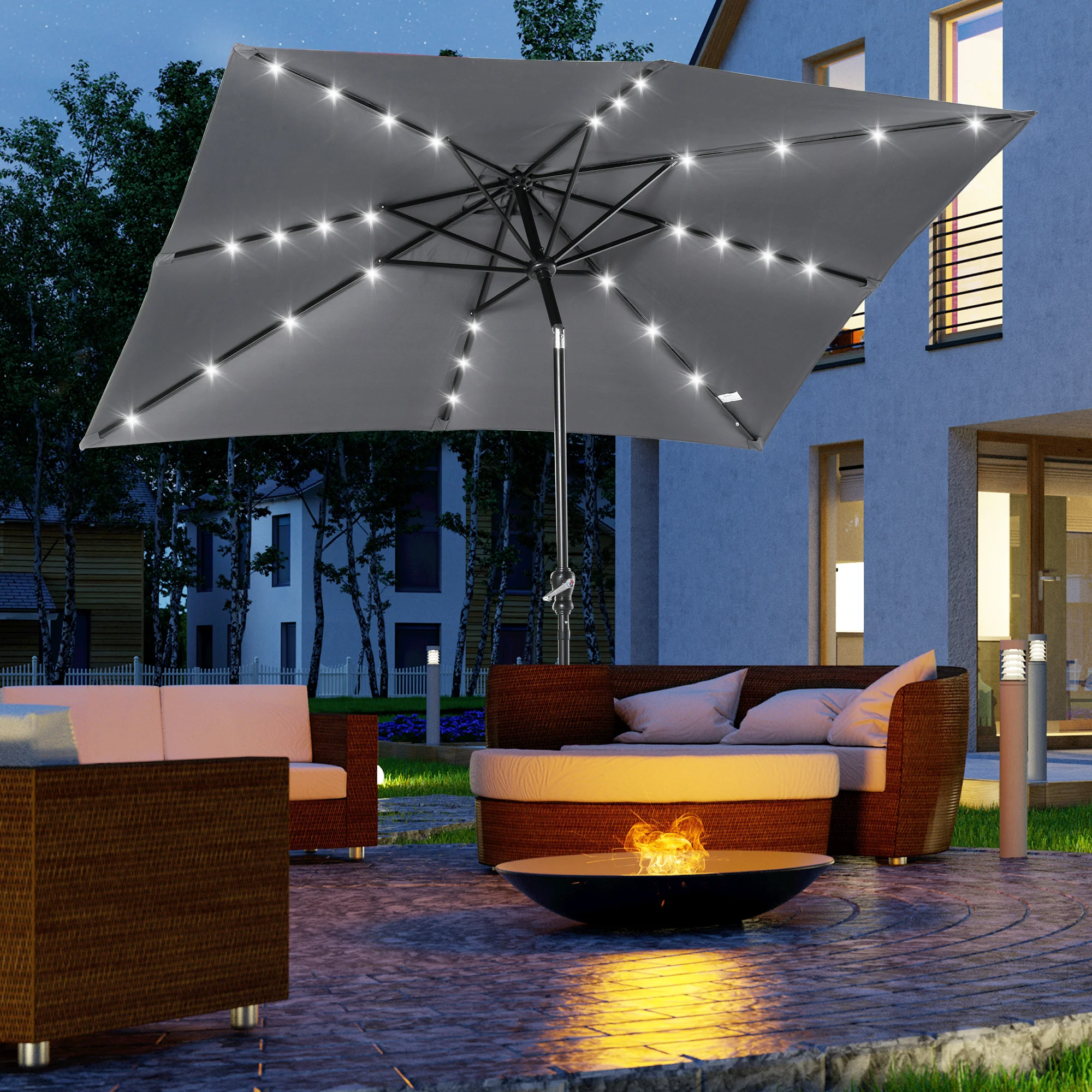 9' x 7' Solar Umbrella, LED Lighted Patio Umbrella for Table or Base with Tilt & Crank, Outdoor Umbrella for Backyard, Pool