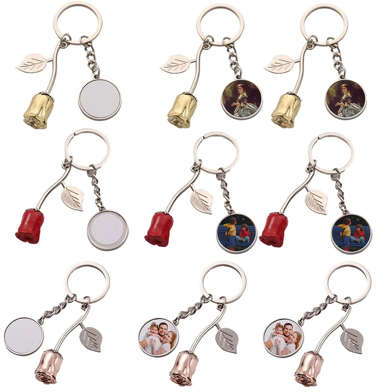 

10pcs Sublimation Blank Rose Keychain Rose Pendant Keyring DIY Transfer Printing Heat Press Valentine's Day Gift for Her