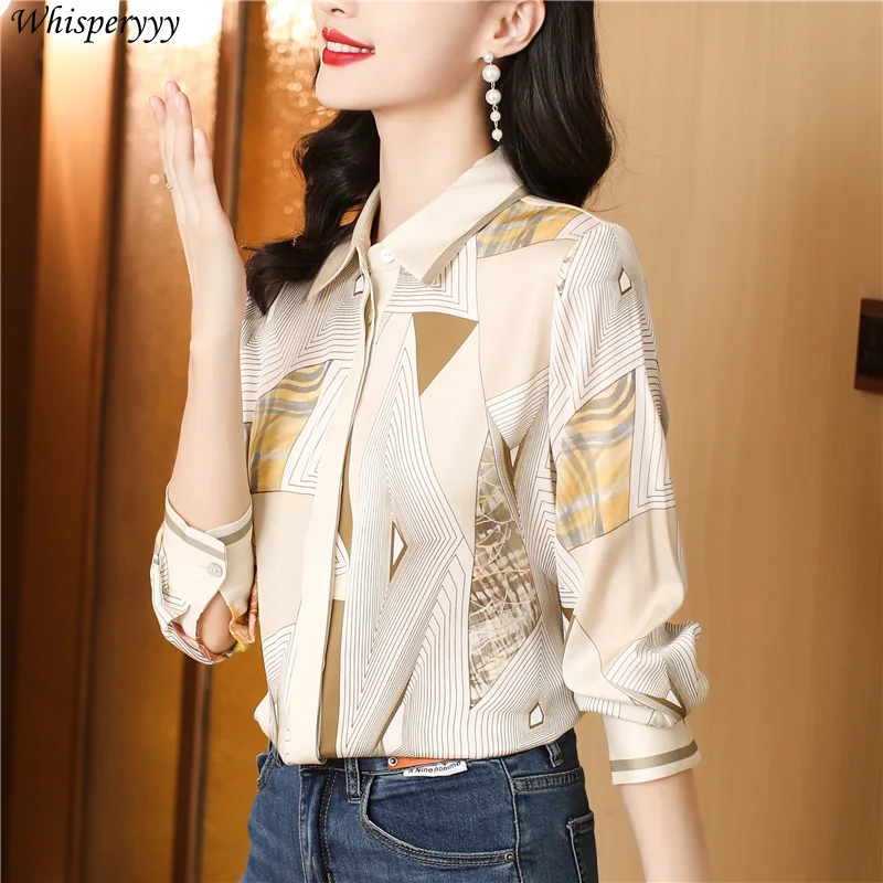 Shirt Women's Spring Long-sleeved Striped Printed Tops Design Sense  Blusas De Chifon Elegantes Button Lapel Shirt Female